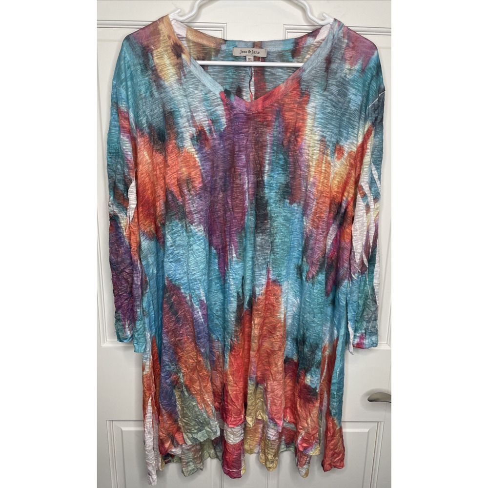 Jess & Jane Women's Crinkle Colorful Tunic Sz XL Hi-Lo Hem Artsy Boho